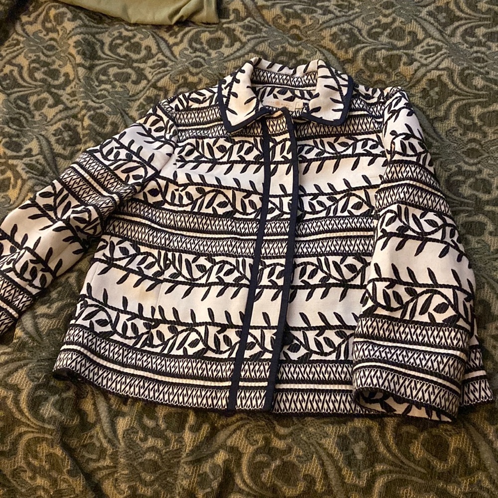 Tory Burch embroidered jacket with pockets, back zipper for different look.